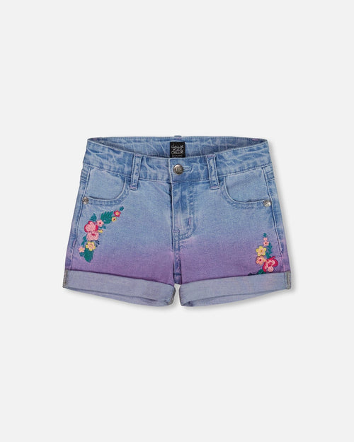 Cuffed Denim Shorts With Embroidery Floral Jeans Blue - G30H27_125