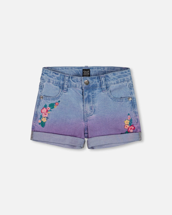 Cuffed Denim Shorts With Embroidery Floral Jeans Blue - G30H27_125