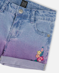 Cuffed Denim Shorts With Embroidery Floral Jeans Blue - G30H27_125