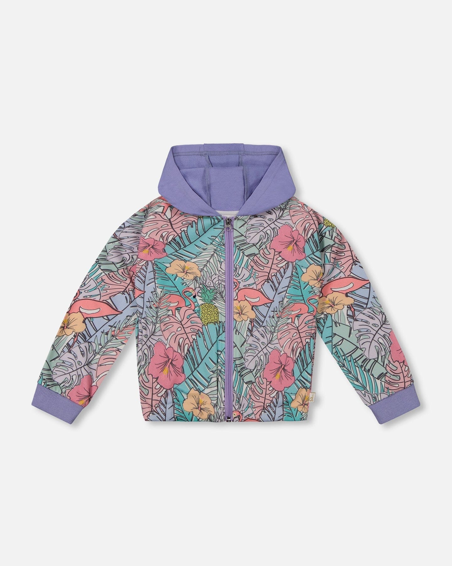 Printed French Terry Hoodie Cardigan Lilac Tropical And Pink Flamingos - G30H30_060