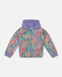 Printed French Terry Hoodie Cardigan Lilac Tropical And Pink Flamingos - G30H30_060