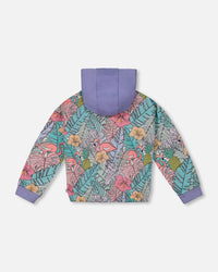 Printed French Terry Hoodie Cardigan Lilac Tropical And Pink Flamingos - G30H30_060