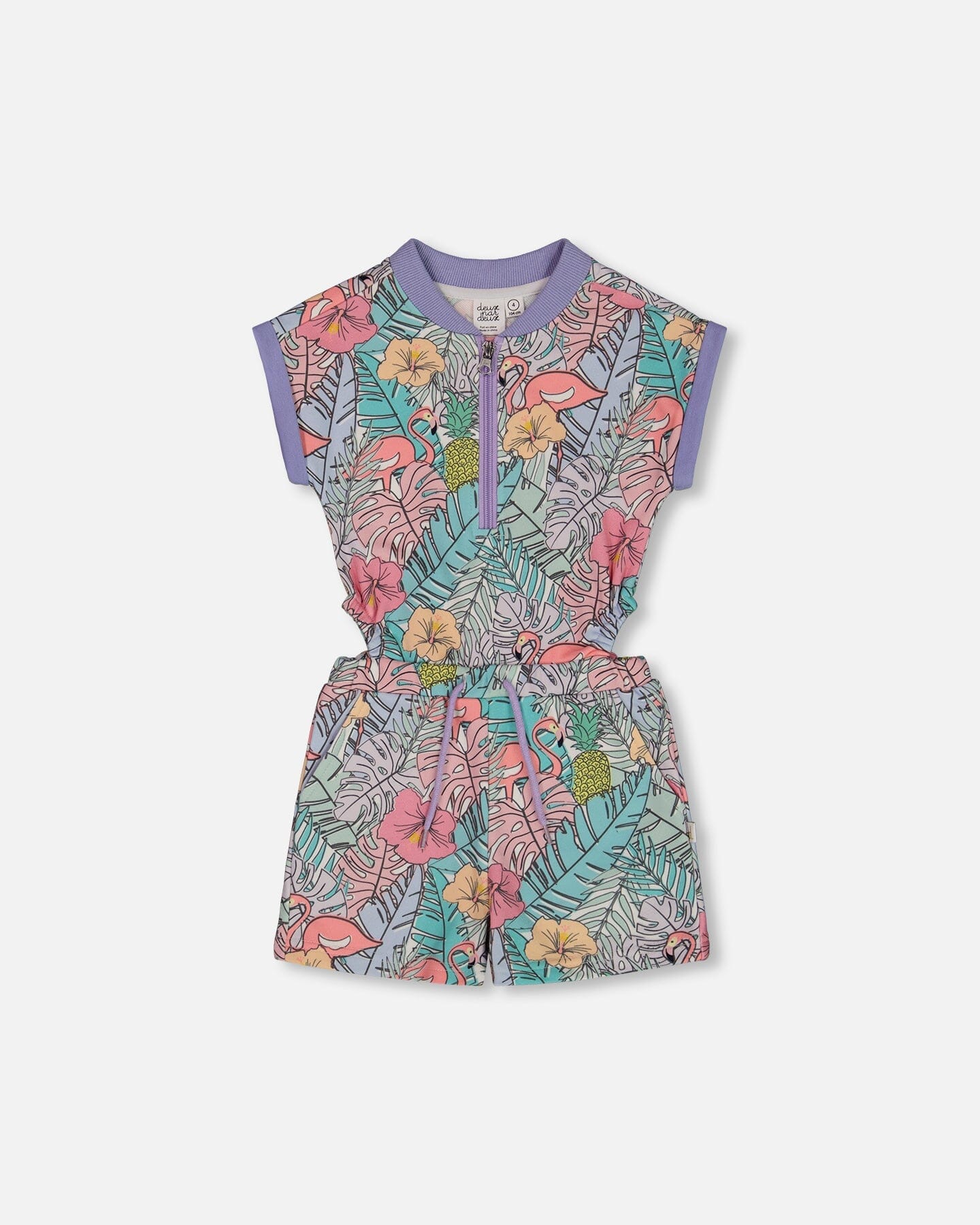 Printed French Terry Romper Lilac Tropical And Pink Flamingos - G30H40_060