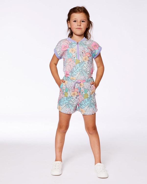 Printed French Terry Romper Lilac Tropical And Pink Flamingos - G30H40_060