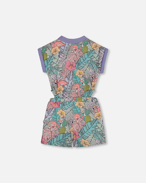 Printed French Terry Romper Lilac Tropical And Pink Flamingos - G30H40_060