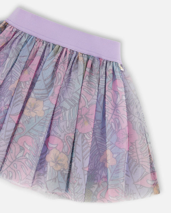 Printed Mesh Skirt Lilac Tropical And Pink Flamingos - G30H80_060