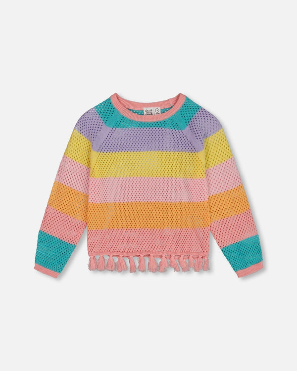 Cotton Sweater With Fringe Multicolor Stripes - G30HT31_000