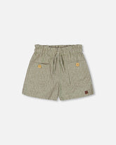 Linen Short With Pockets Medium Green And Cream Striped