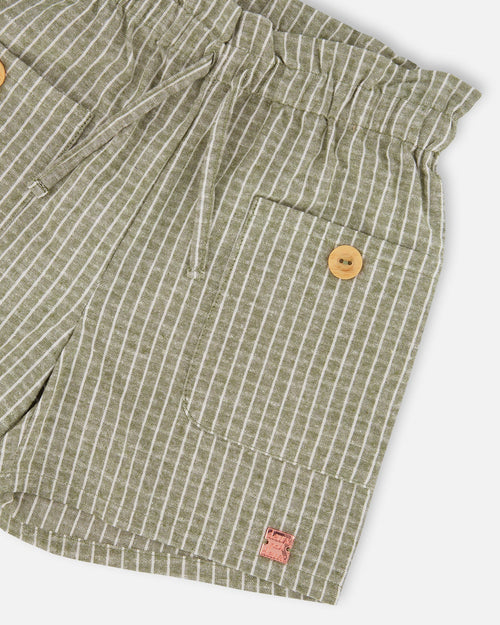 Linen Short With Pockets Medium Green And Cream Striped - G30I27_365