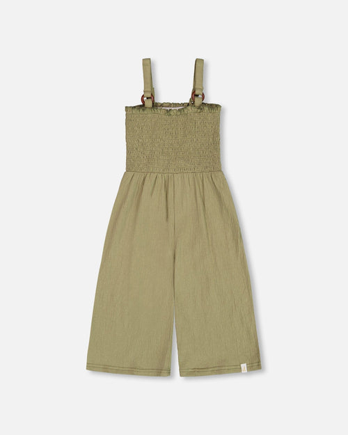 Smocked Crinkle Jersey Jumpsuit Olive Green - G30I41_365