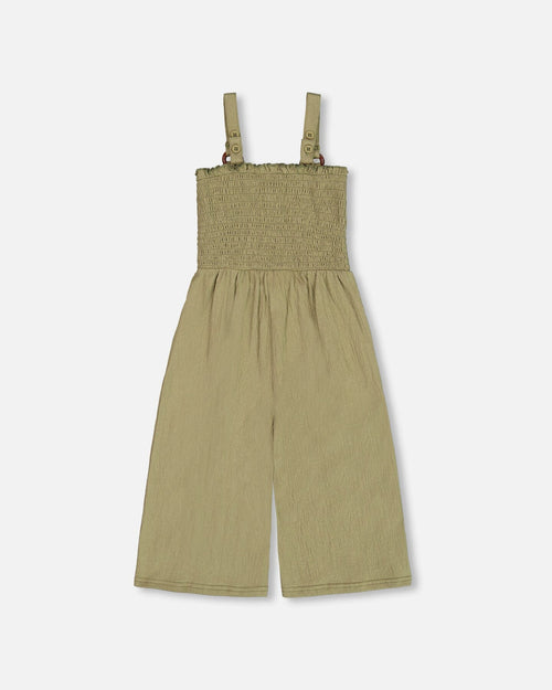 Smocked Crinkle Jersey Jumpsuit Olive Green - G30I41_365