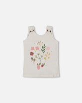 Crinkle Jersey Tank Top Pink Flowers On Cream Background