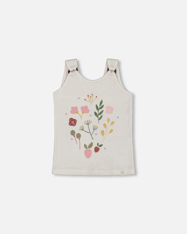 Crinkle Jersey Tank Top Pink Flowers On Cream Background - G30I70_101