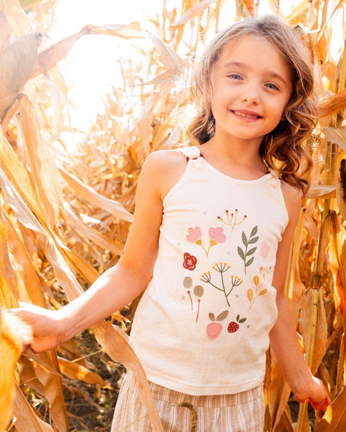 Crinkle Jersey Tank Top Pink Flowers On Cream Background - G30I70_101