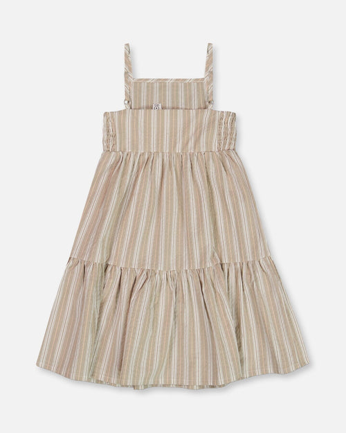 Sleeveless Linen Dress White And Sage Striped - G30I86_000