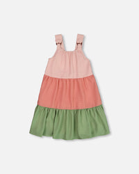 Tiered Color Block Peasant Dress Peach Pink And Green - G30I87_000