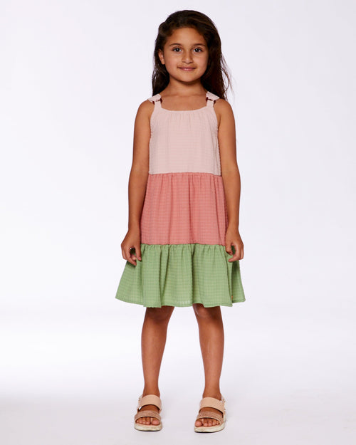 Tiered Color Block Peasant Dress Peach Pink And Green - G30I87_000