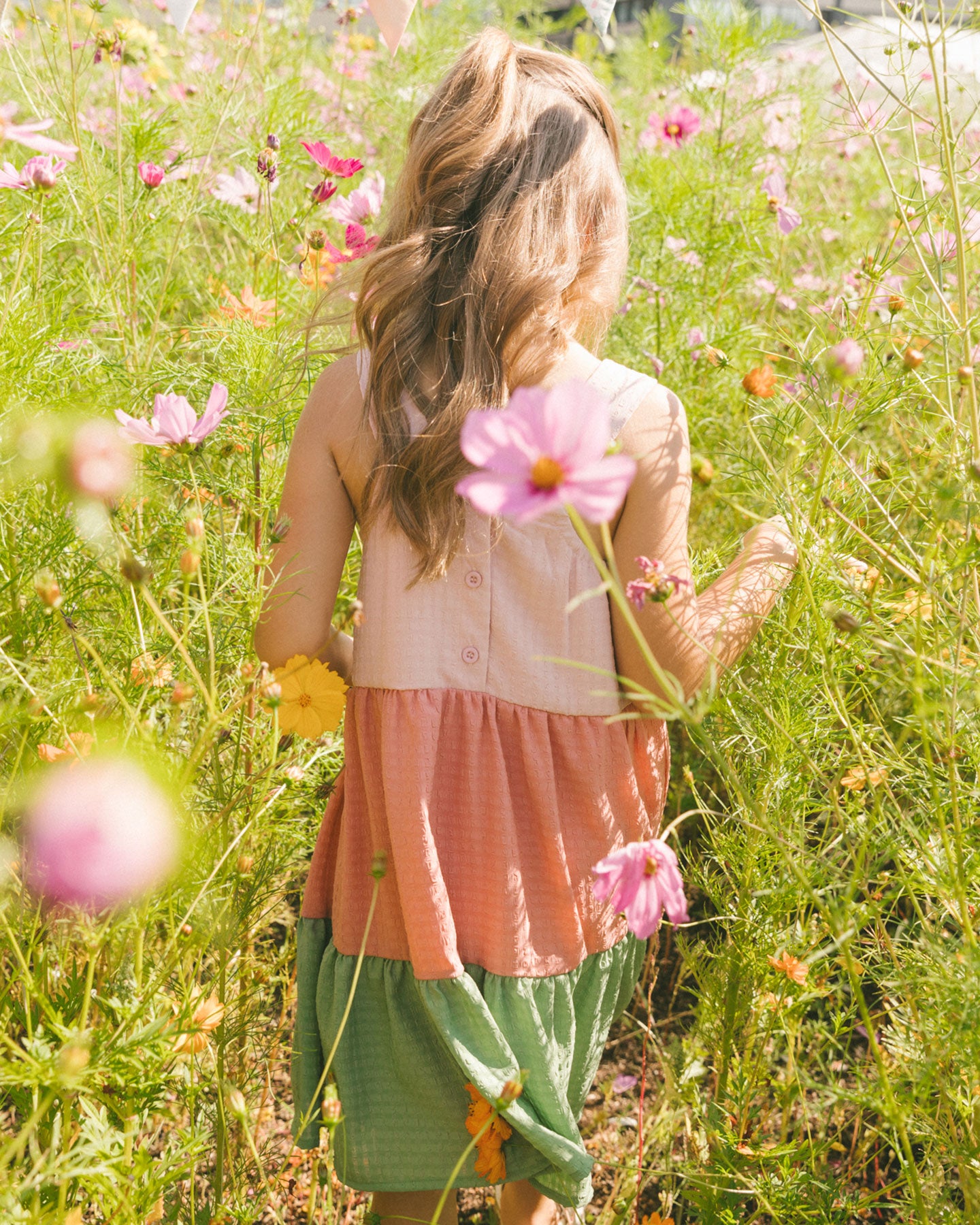 Tiered Color Block Peasant Dress Peach Pink And Green