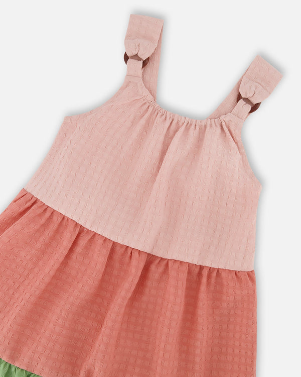 Tiered Color Block Peasant Dress Peach Pink And Green - G30I87_000