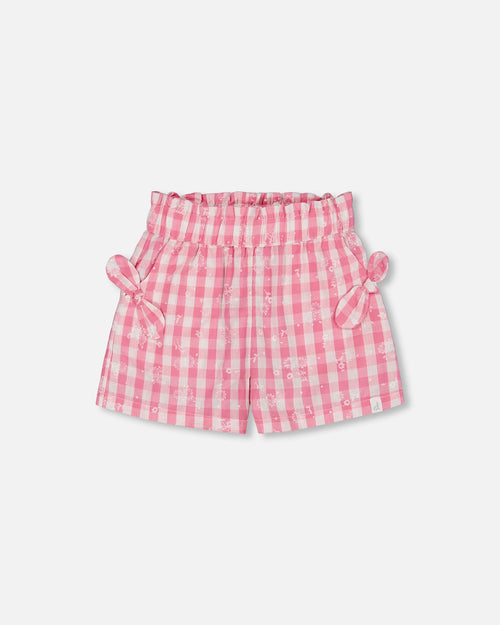 Smocked Waist Short With Knots Pink And White Checks - G30J27_605