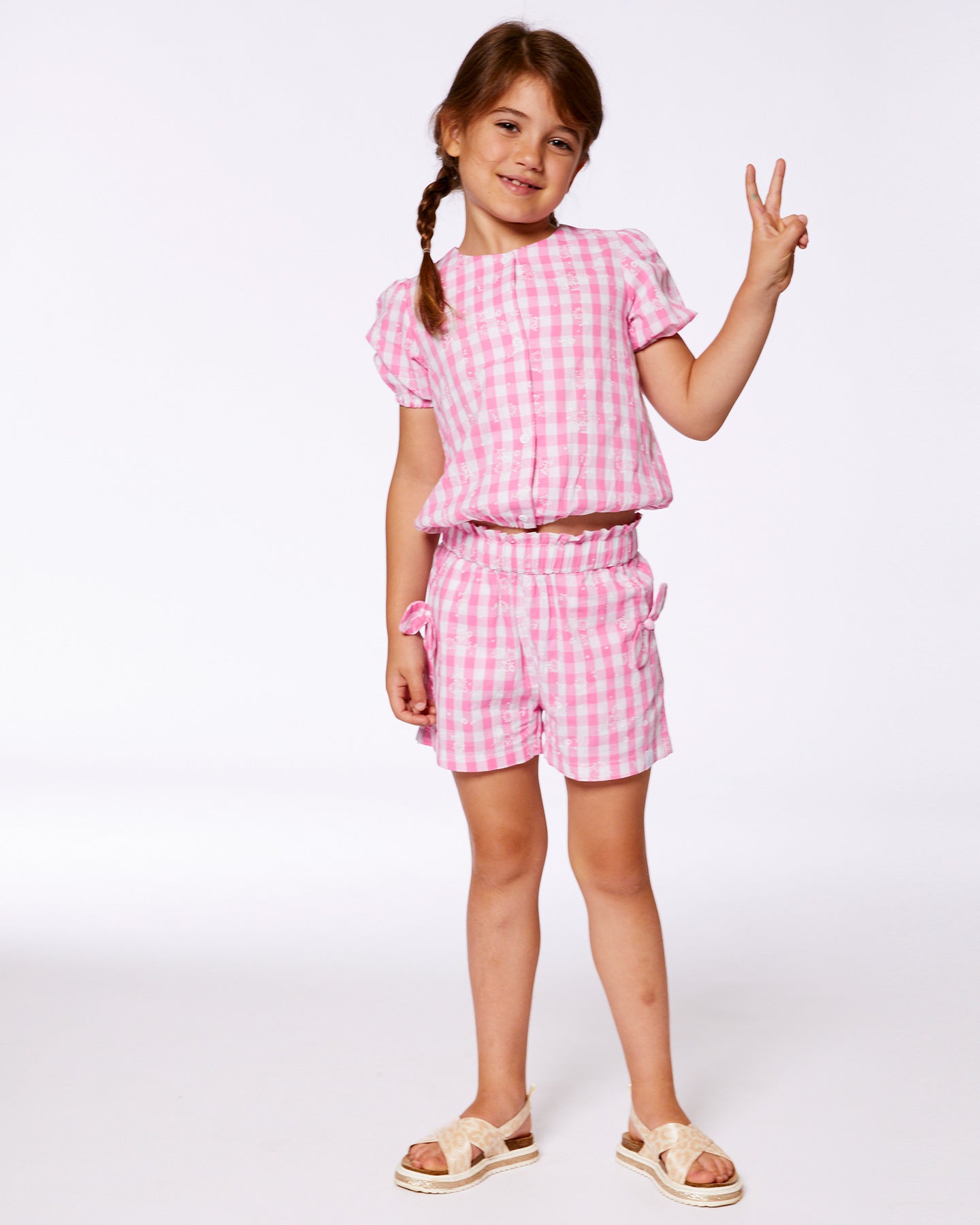 Smocked Waist Short With Knots Pink And White Checks - G30J27_605