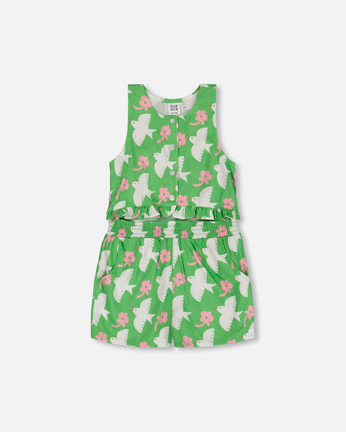 Printed Romper With Frills Green With White And Pink Bird - G30J40_091