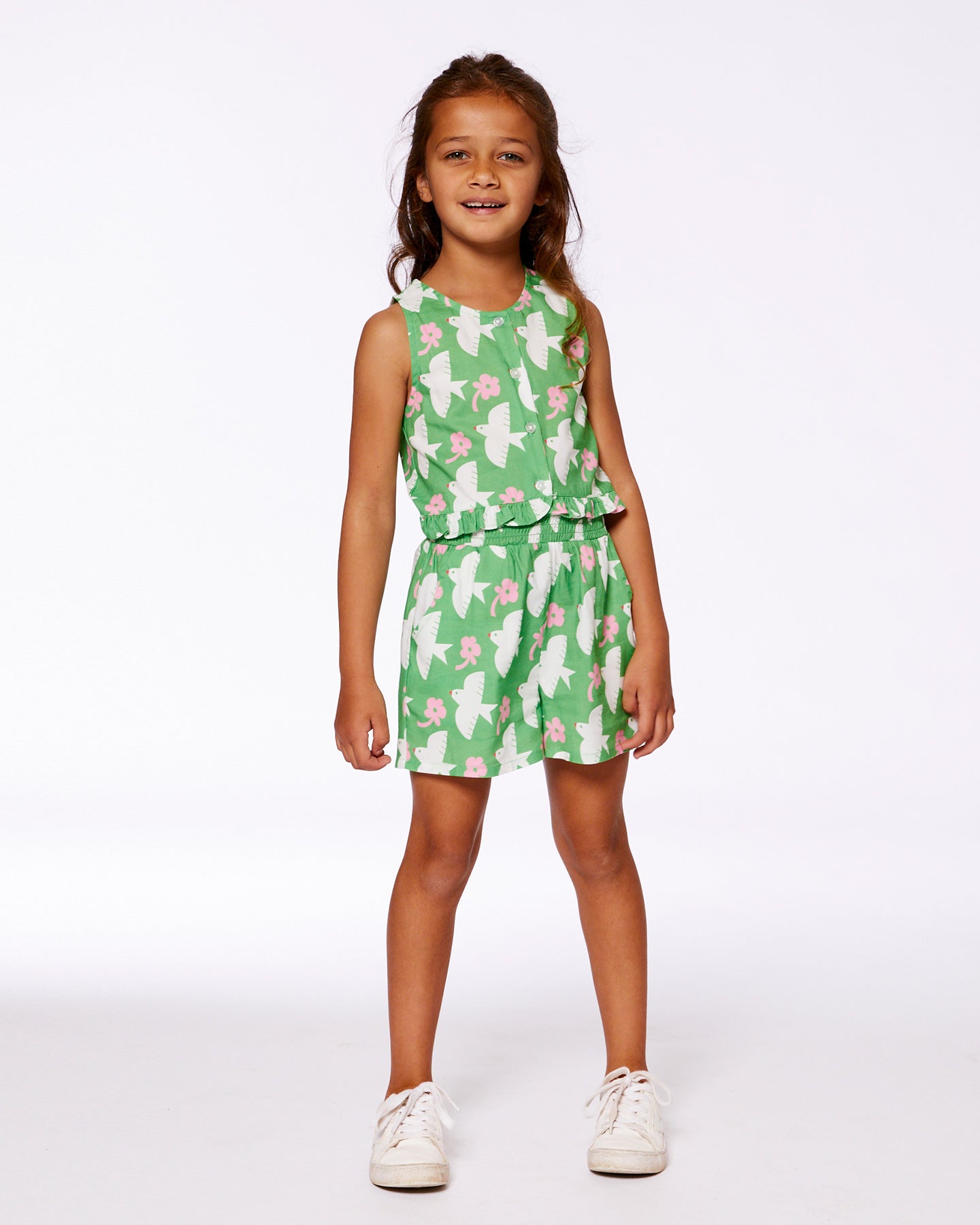 Printed Romper With Frills Green With White And Pink Bird - G30J40_091