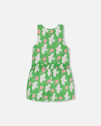 Printed Romper With Frills Green With White And Pink Bird - G30J40_091