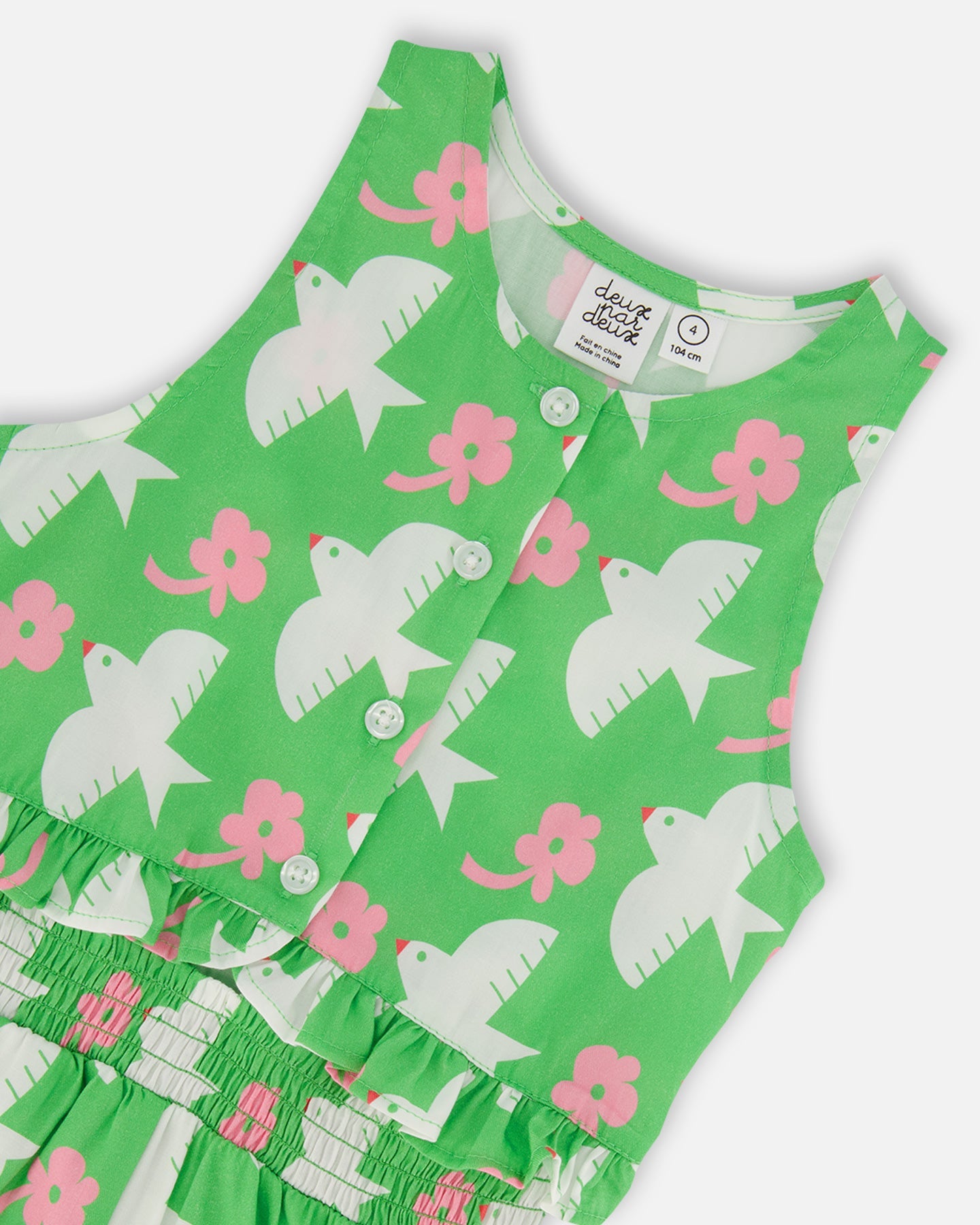 Printed Romper With Frills Green With White And Pink Bird - G30J40_091