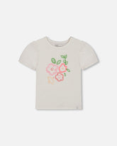 Organic Cotton Tee With Puff Sleeve Pink Flower On White Background