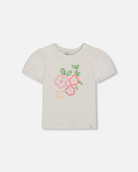 Organic Cotton Tee With Puff Sleeve Pink Flower On White Background - G30J70_100