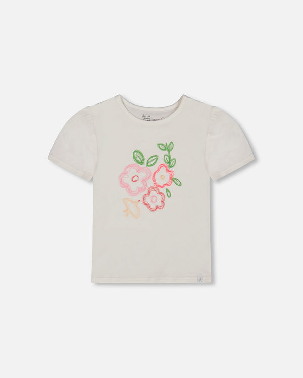 Organic Cotton Tee With Puff Sleeve Pink Flower On White Background - G30J70_100