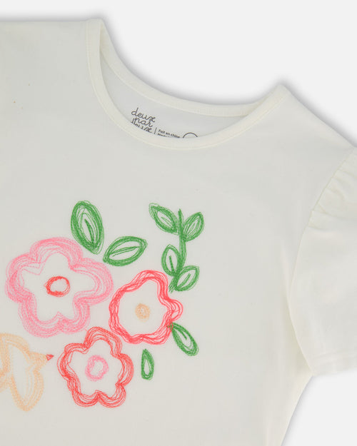 Organic Cotton Tee With Puff Sleeve Pink Flower On White Background - G30J70_100