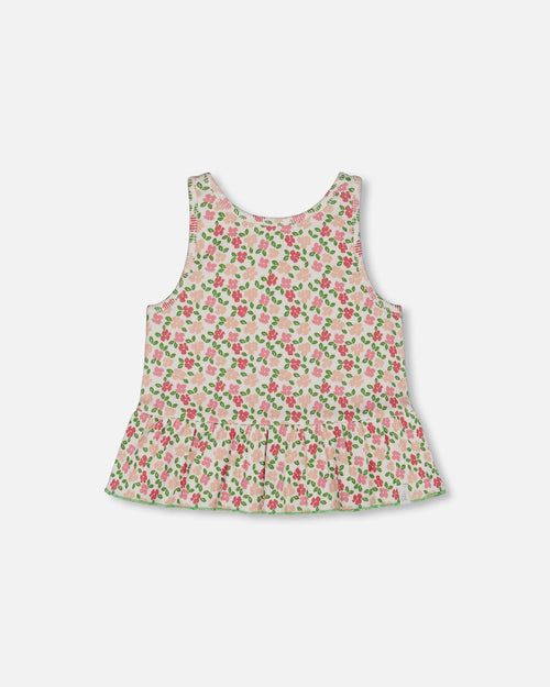 Printed Tank Top With Flounce Small Flowers On White Background - G30J71_092