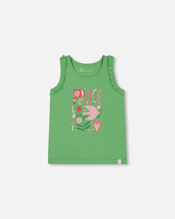 Organic Cotton Tank With Frills Flowers On Green Background - G30J72_280