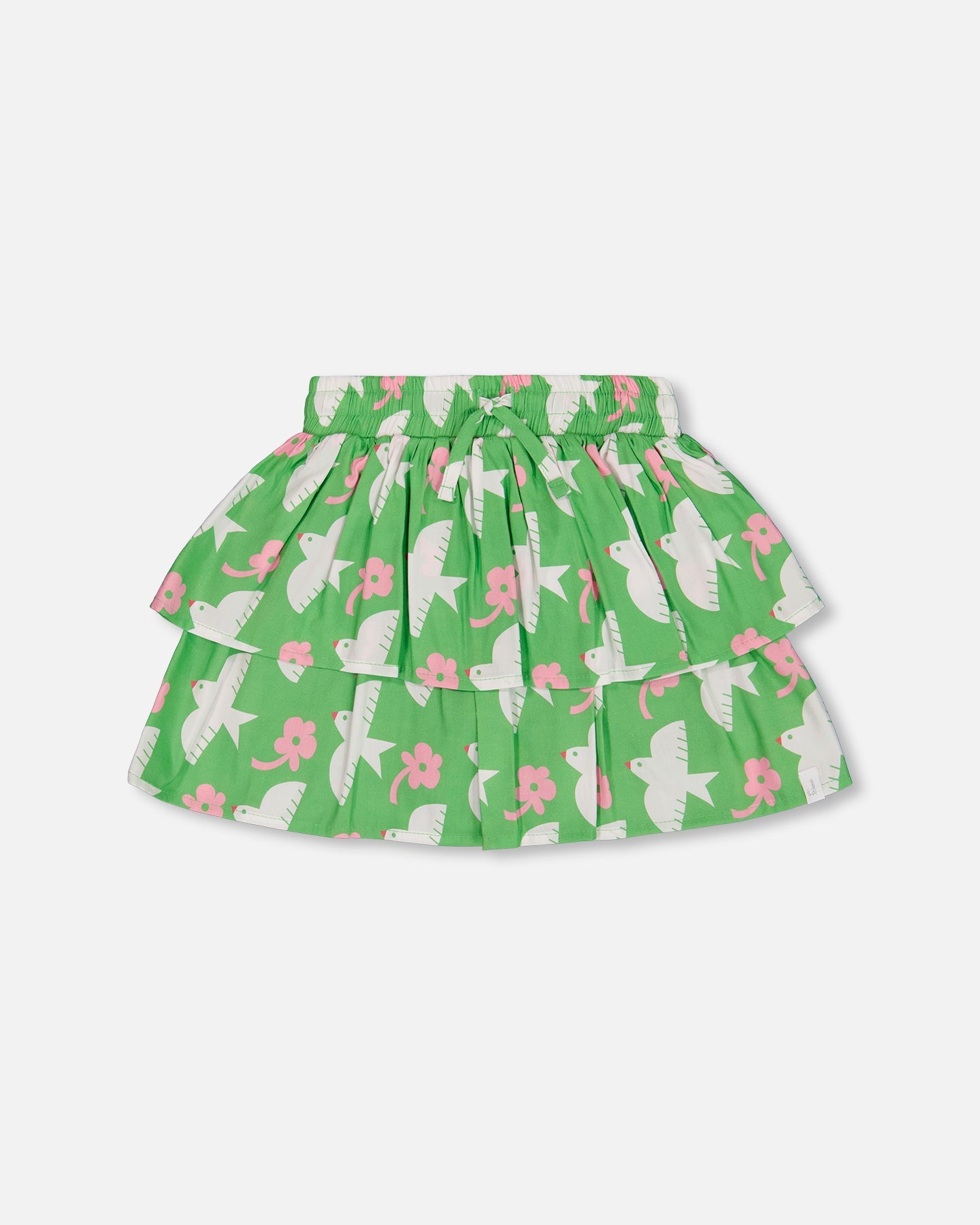 Tiered Elastic Waist Skirt Green With White And Pink Bird - G30J81_091