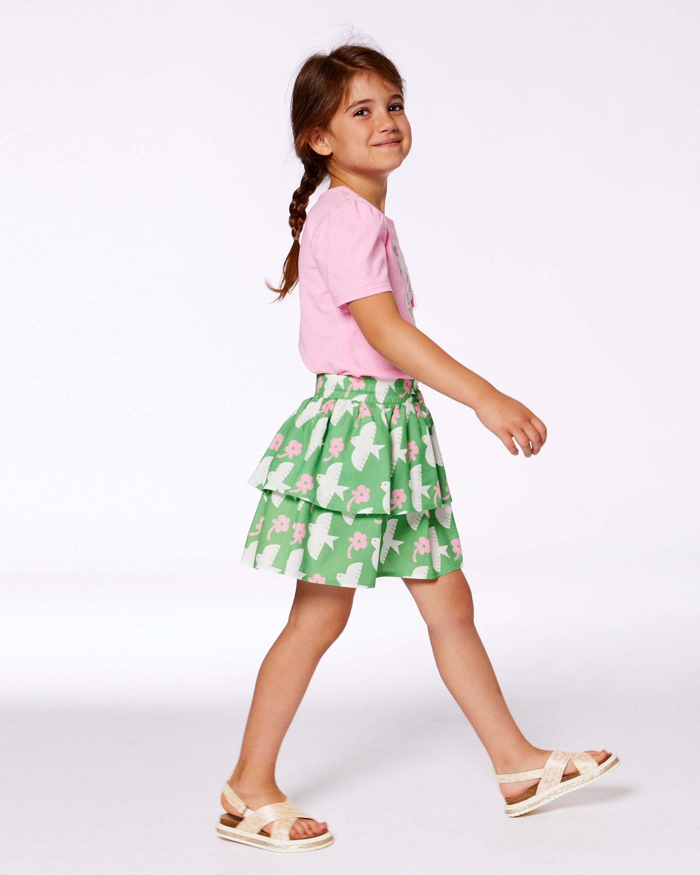 Tiered Elastic Waist Skirt Green With White And Pink Bird - G30J81_091