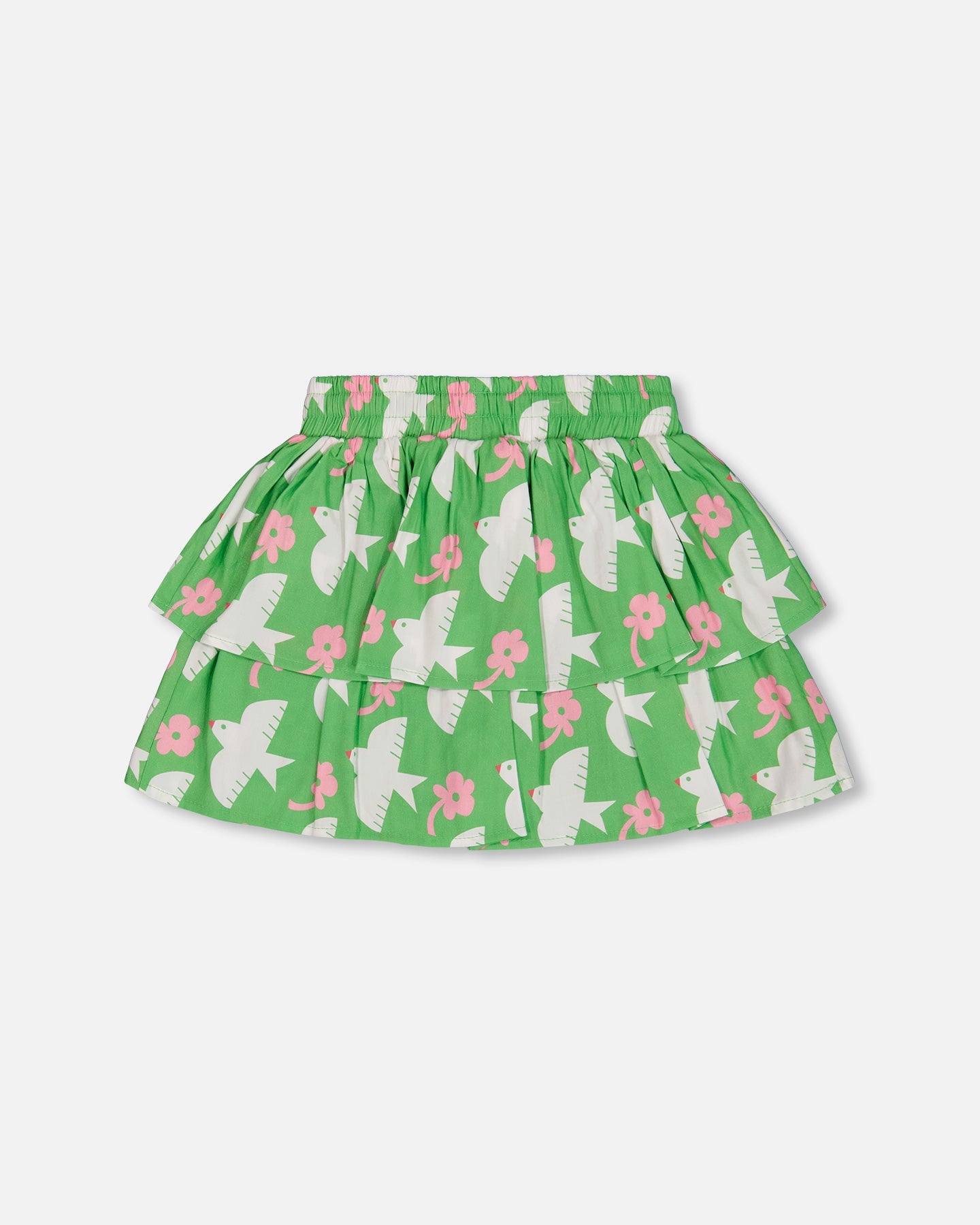 Tiered Elastic Waist Skirt Green With White And Pink Bird - G30J81_091