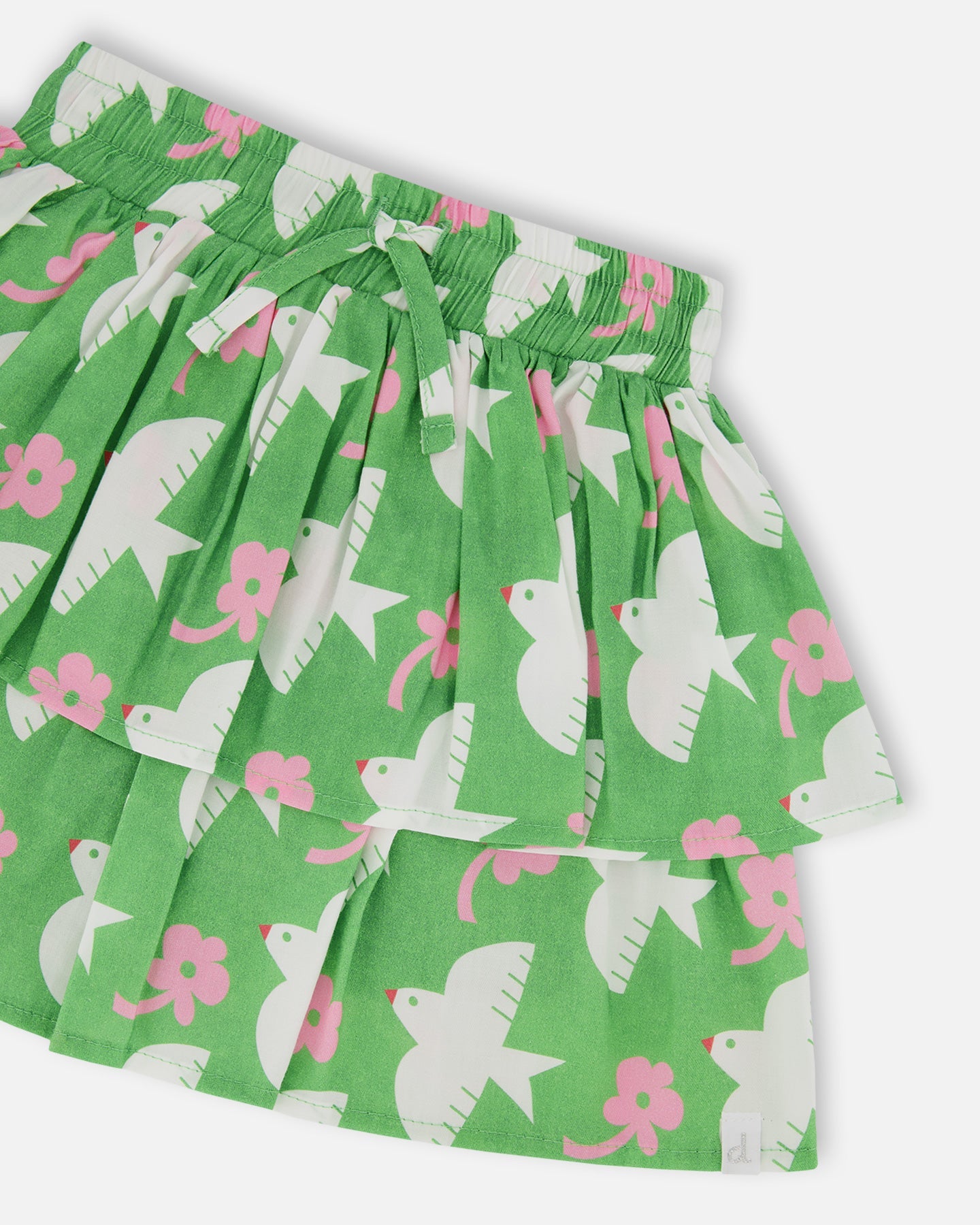 Tiered Elastic Waist Skirt Green With White And Pink Bird - G30J81_091