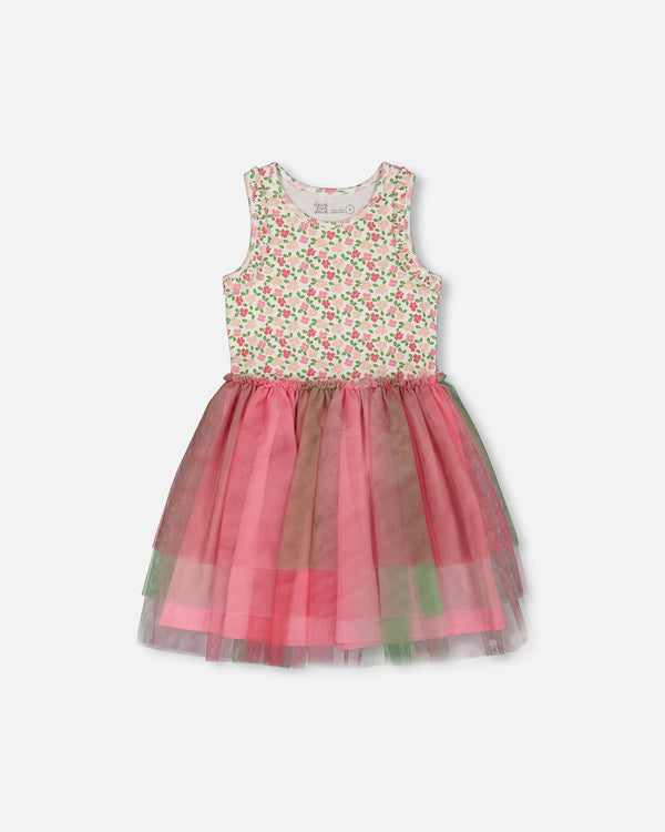 Bi-Material Cotton And Mesh Dress Small Flowers And Multicolored Gradient Skirt - G30J86_092