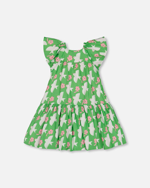 Printed Dress With Flounce Sleeves Green With White And Pink Bird - G30J87_091