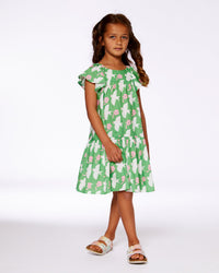 Printed Dress With Flounce Sleeves Green With White And Pink Bird - G30J87_091