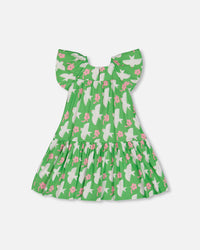 Printed Dress With Flounce Sleeves Green With White And Pink Bird - G30J87_091