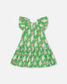 Printed Dress With Flounce Sleeves Green With White And Pink Bird - G30J87_091