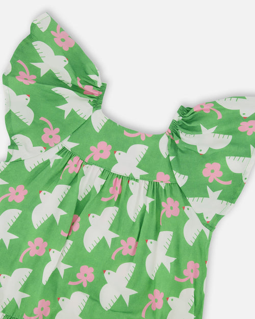 Printed Dress With Flounce Sleeves Green With White And Pink Bird - G30J87_091