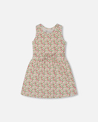 Printed Ribbed Dress With Waist Tie Small Flowers On White Background - G30J88_092