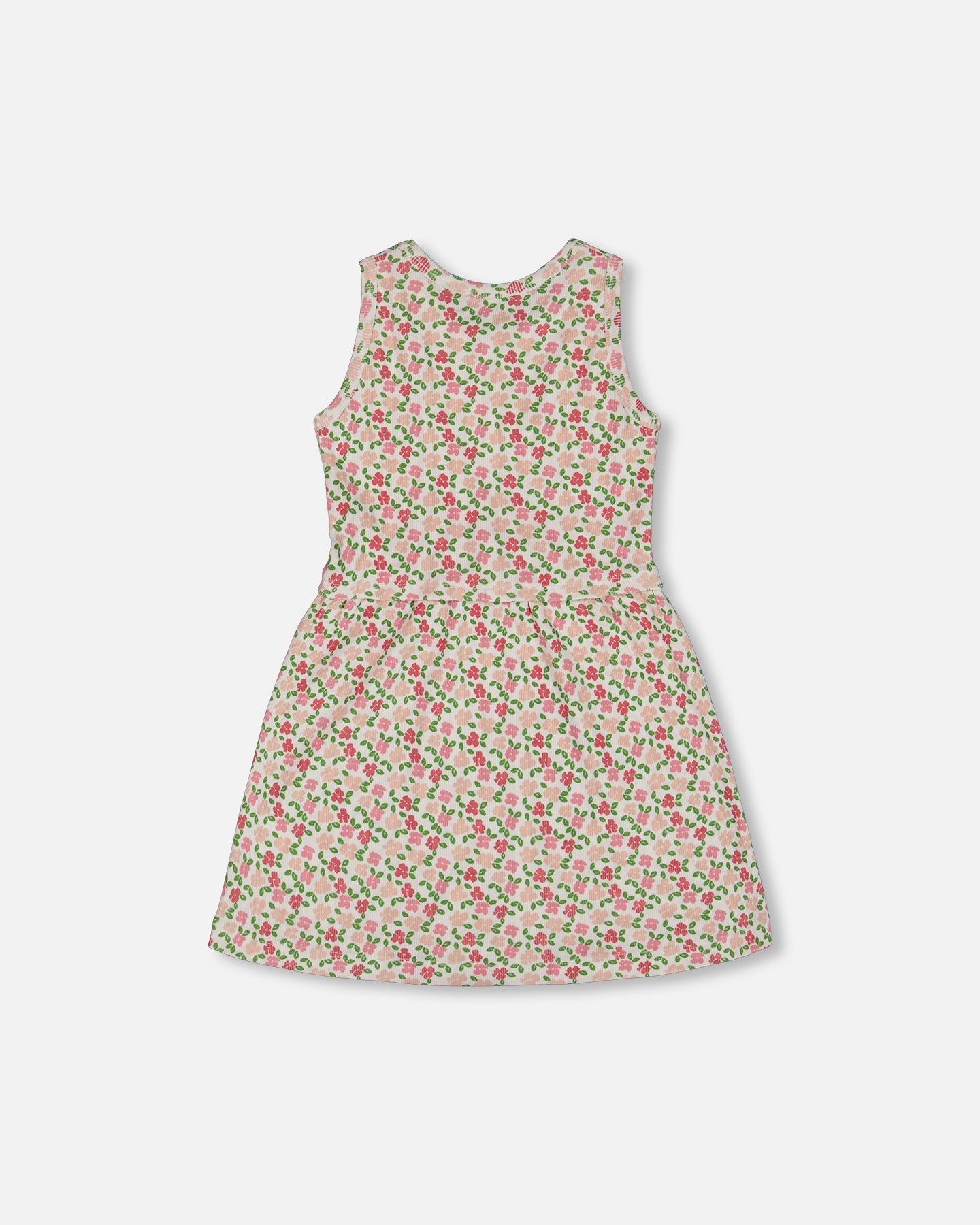 Printed Ribbed Dress With Waist Tie Small Flowers On White Background - G30J88_092