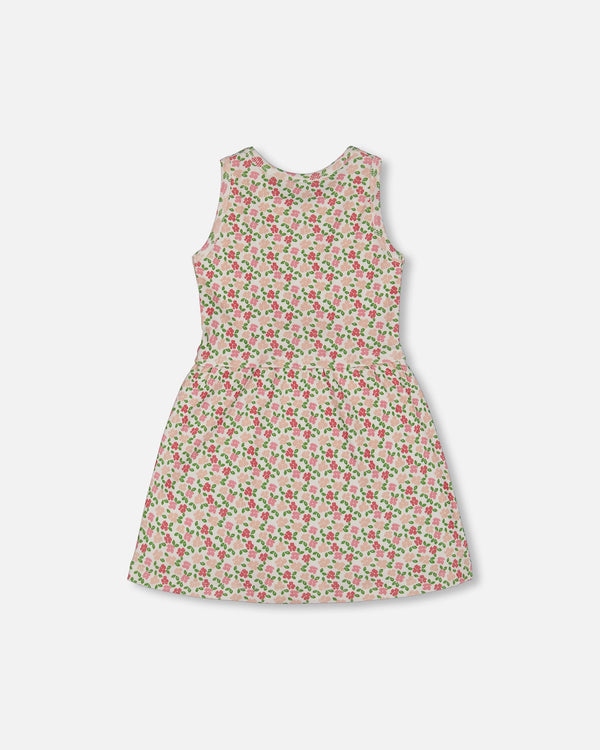 Printed Ribbed Dress With Waist Tie Small Flowers On White Background - G30J88_092