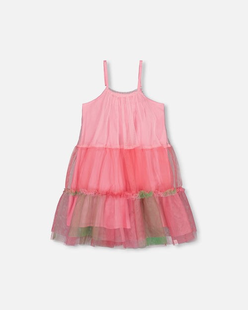 Sleeveless Color Block Tulle Dress Pink And Green - G30J89_000