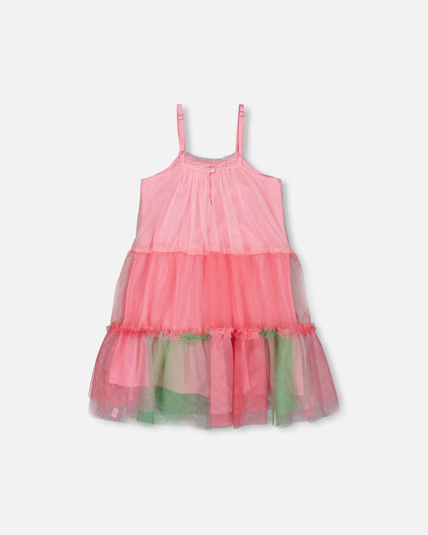 Sleeveless Color Block Tulle Dress Pink And Green - G30J89_000